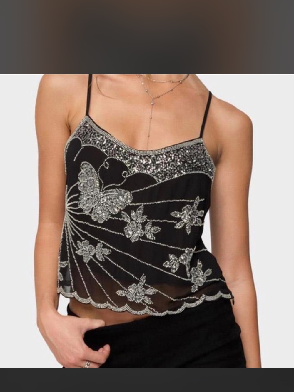Black Beaded Butterfly Embellished Cami Top